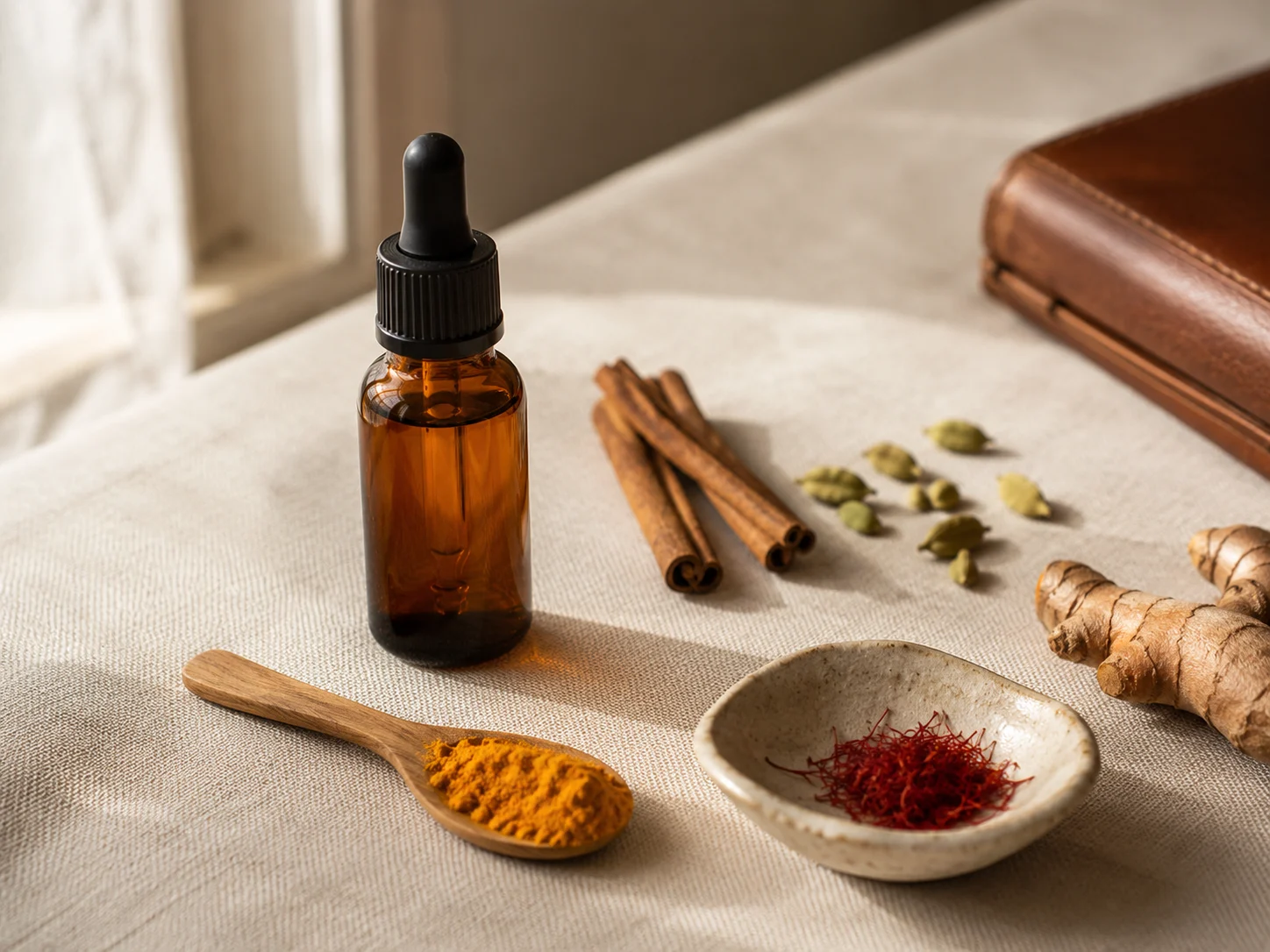 Plantes ayurvédiques et huile disposées sur un tissu naturel.